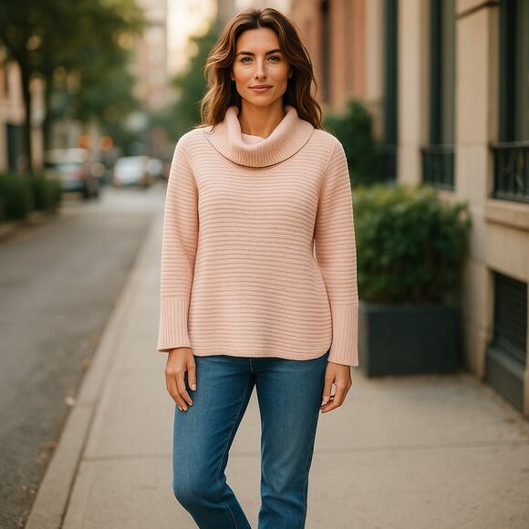 Calvin Klein Womens Sweater Size Medium Pink Metallic Gold Cowl Neck Ribbed Knit - Picture 2 of 8